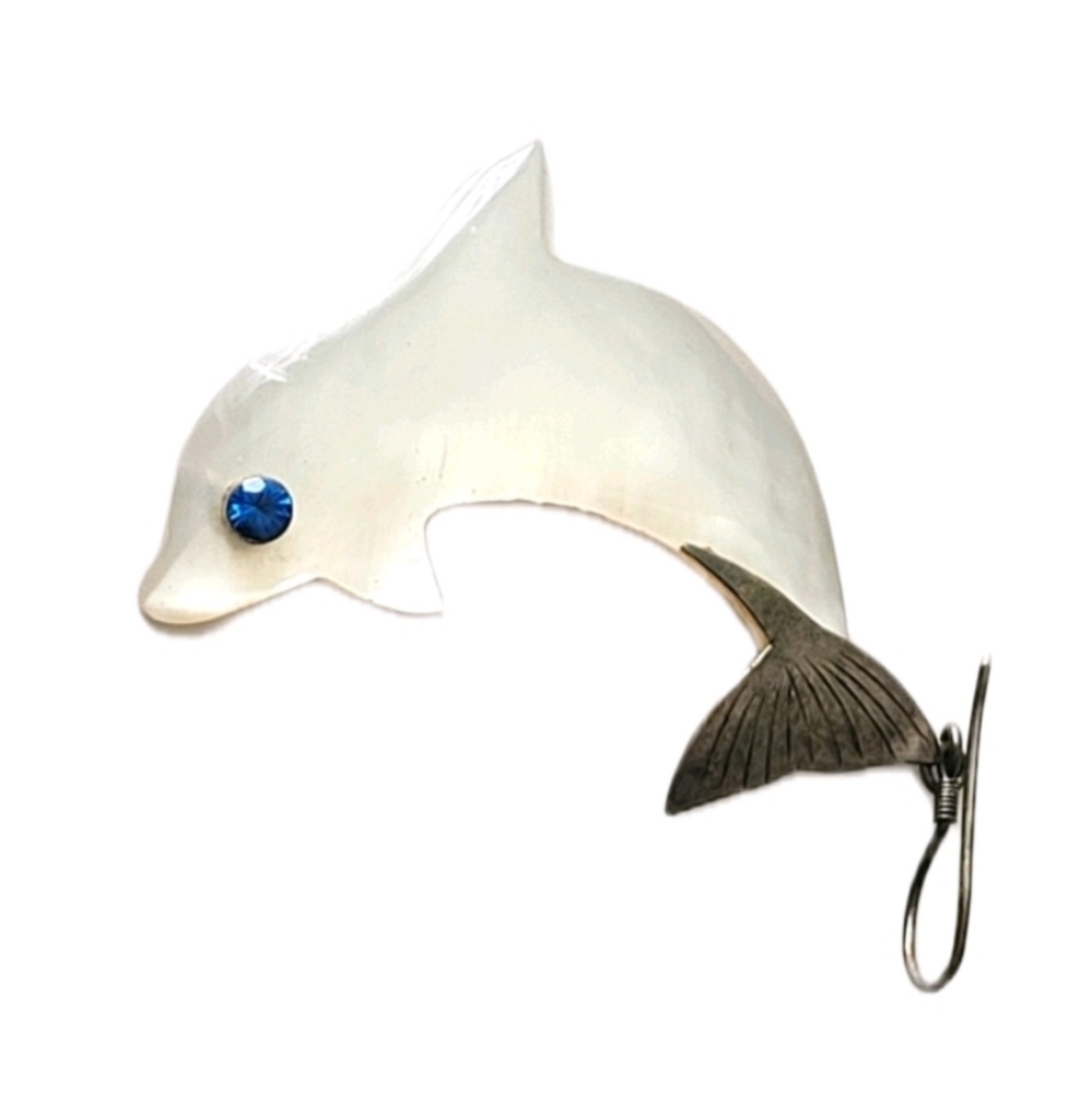 Vintage White Blue Eyed Silver Dolphin Pendant Earring